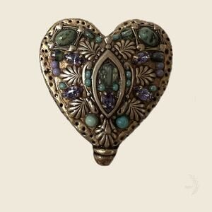 Michal Golan Heart Brooch Pendant Gold Crystal Turquoise Signed